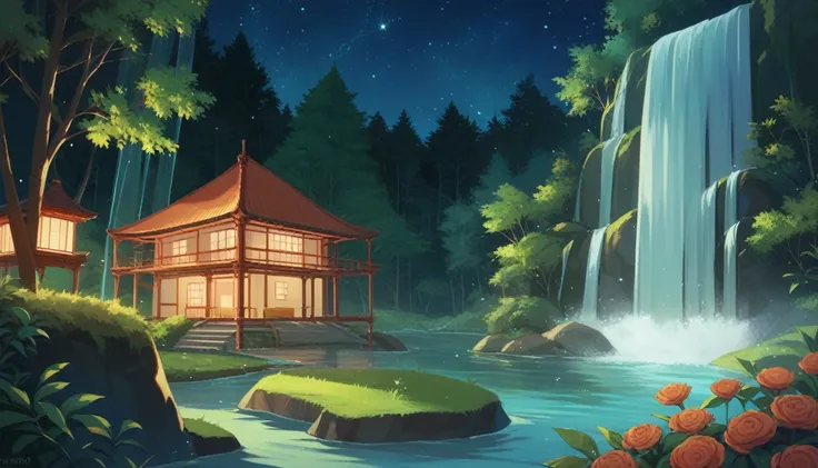 Soothing landscapes, no people, fresh greenery, night, starry sky, intricate details, perfect river, big waterfall, forest, Studio Ghibli style animation,