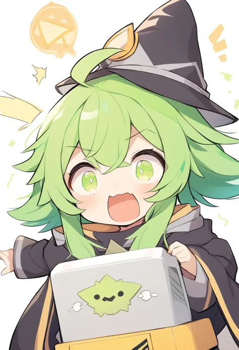 One girl,Zundamon,Voice Box ,Green Hair,、Wide open mouth、Surprised、Jaw detached、cute、Funny Face,Simple white background、No text,Wizard&#39;s Clothes