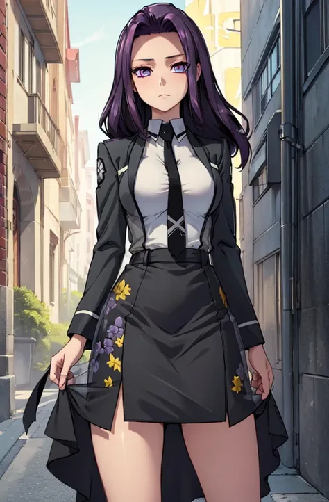 Masterpiece. detailed eyes, waist-length reddish purple hair, Large breasts, black dress, black shirt, magic_high_school_uniform, Charcoal jacket, black necktie, yellow skirt embroidery 