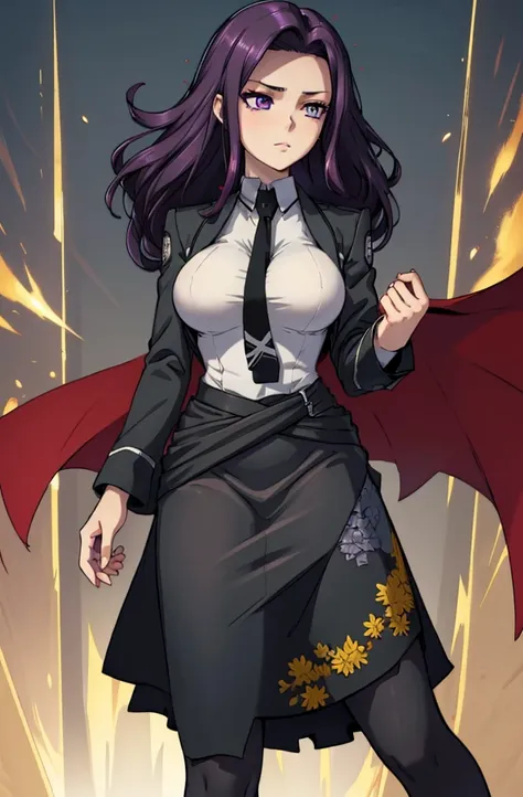 masterpiece. detailed eyes, waist-length reddish purple hair, large breasts, black dress, black shirt, magic_high_school_uniform...