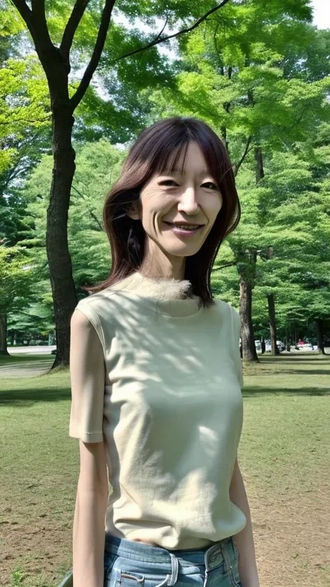 2m tall, whole body, long torso, thin, long legs, Japanese woman, buck teeth, narrow eyes, big nose, 55 years old, dirty, park with trees,