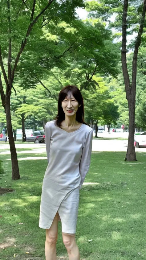 2m tall, whole body, long torso, thin, long legs, Japanese woman, buck teeth, narrow eyes, big nose, 55 years old, dirty, park with trees,