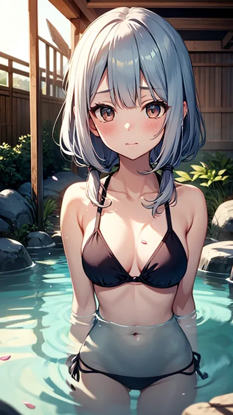 Sagiri in bikini string brown eyes sagiri, 1girl, solo, looking_at_viewer, blush, closed_mouth, collarbone, , water, petals, partially_submerged, onsen, bathing