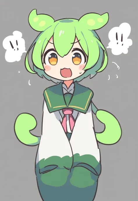 one girl,zundamon,voice box ,green hair,、wide open mouth、surprised、jaw detached、cute、funny face,simple white background、no text