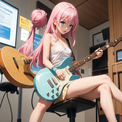 Girl、(((One person)))、Pink Hair、Shortcuts、Black mini skirt、camisole、Blue Eyes、Electric guitar、Have a pick、indoor、Chair sitting
