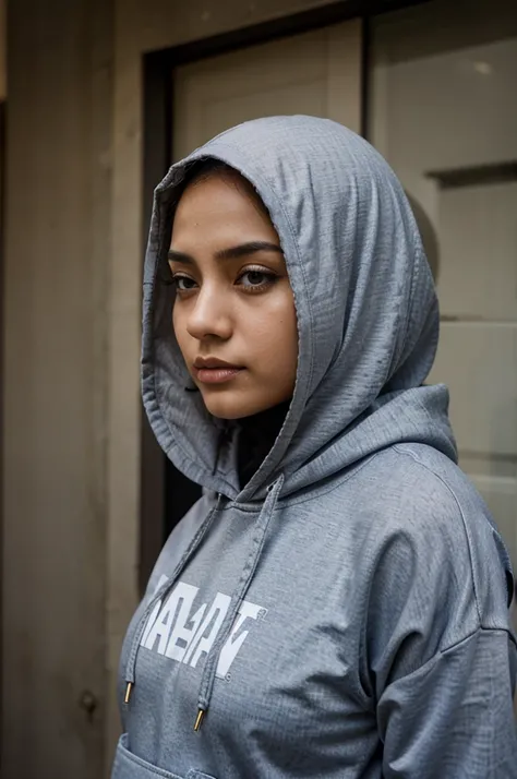 hijab woman wearing a hoodie is contemplating.