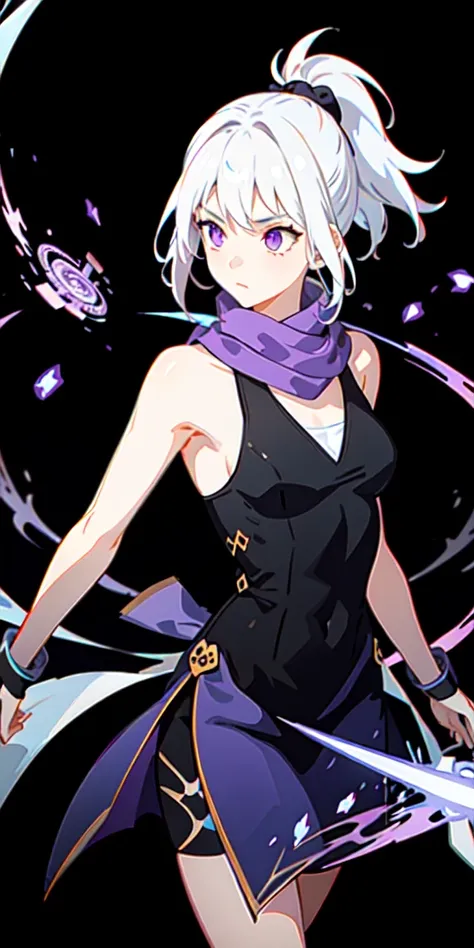 upper body, 1girl, white hair, ponytail, purple eyes, (ninja), short sword, medium breats ,scarf, wallpaper, magic circle background, light particles, blue fire,