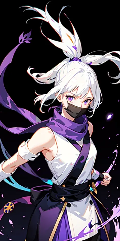 upper body, 1girl, white hair, ponytail, purple eyes, (ninja), short sword, medium breats ,scarf, wallpaper, magic circle background, light particles, blue fire,