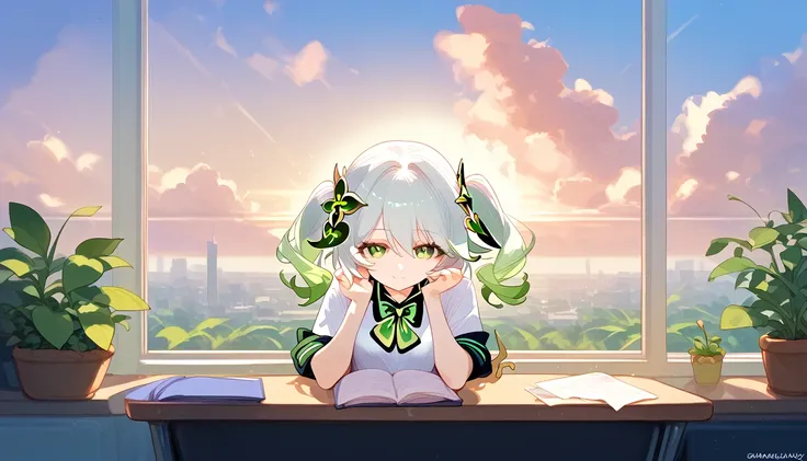 score_9,score_8_up,score_7_up,
1girl,solo,nahida,genshin impact,closed mouth,,at school,(school uniform:1.2),,looking at viewer, smile, windows, sunset, at desk,sun, clouds, greenery