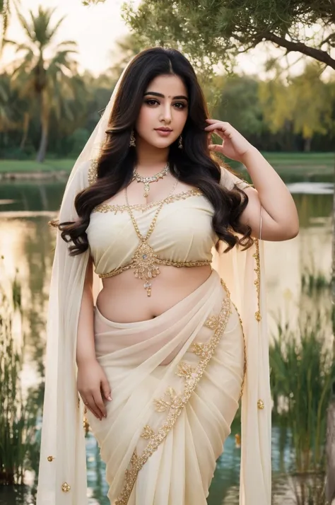 1 heavenly beautiful and goddess beauty cute and sweet looking face arabian woman in front of village pond, heavenly beautiful o...