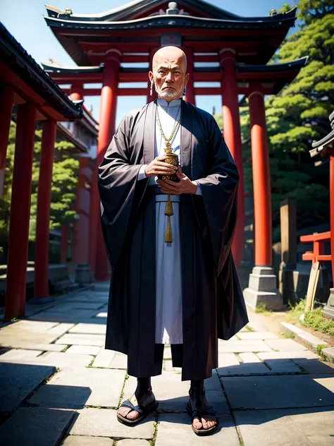 Highest quality,Highest Resolution,An old monk holding a rosary,Temple grounds,Japan,Skinhead,Standing posture,