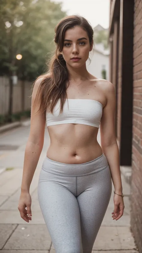 RAW photo, photo of 35 year old woman, (long hair in ponytail), ((low-rise yoga pants)), pawg, (tube top), standing outdoors, thick thighs, ((freckles on face)), ((imperfect skin)), blemishes, lipstick, ((short height, broad shoulders, ((wide hips:1.5)), (...