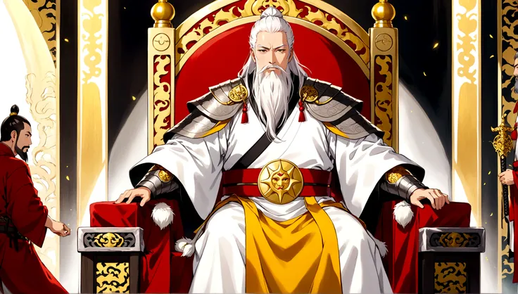 in a gorgeous throne room，there are two middle-aged men。the man has long silver-white hair and thick eyebrows，long white beard，w...