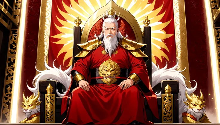 In a gorgeous throne room，There are two middle-aged men。The man has long silver-white hair and thick eyebrows，long white beard，Wearing a golden robe embroidered with dragon patterns，Sitting majestically on a glittering throne。Another man is muscular，have s...