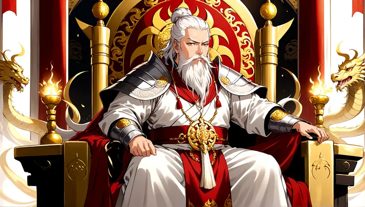 in a gorgeous throne room，there are two middle-aged men。the man has long silver-white hair and thick eyebrows，long white beard，w...