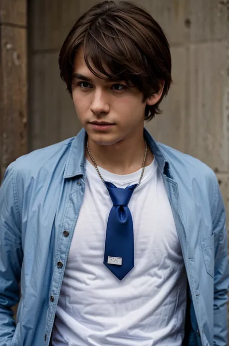 A brown haired boy wearing a white shirt with a tie and blue jacket and dogtags 