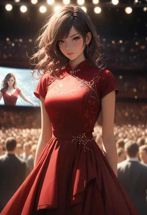 (best quality, 8k, masterpiece, highres, ultra-detailed), photorealistic, woman, stage, captivating presentation, flowing A-line dress, rich burgundy, subtle horizontal lines, accentuated waist, high neckline, elegance, loose textured waves, animated expre...