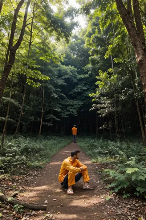 There is a man made of mango in a forest and many people are watching from the side to eat that man