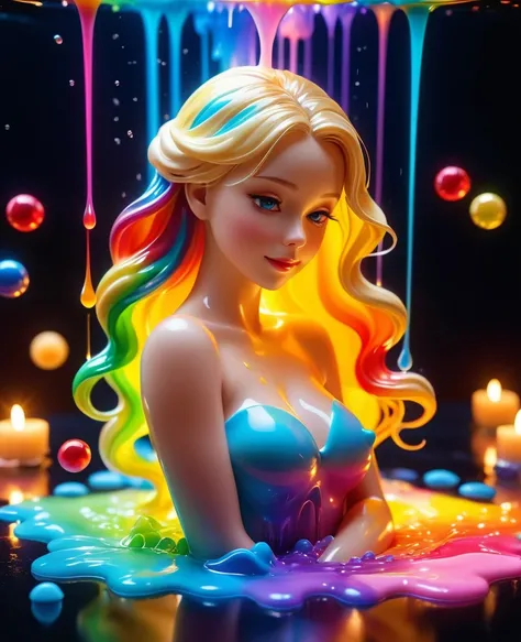 Beautiful blonde, The wax melts and drips down your body. (masterpiece: 1.2), (Highest quality), 4K, Very detailedな, (Dynamic configuration: 1.4), Very detailed, Colorful and detailed, (Rainbow colors: 1.2), (Bright light, Atmospheric lighting), dream-like...