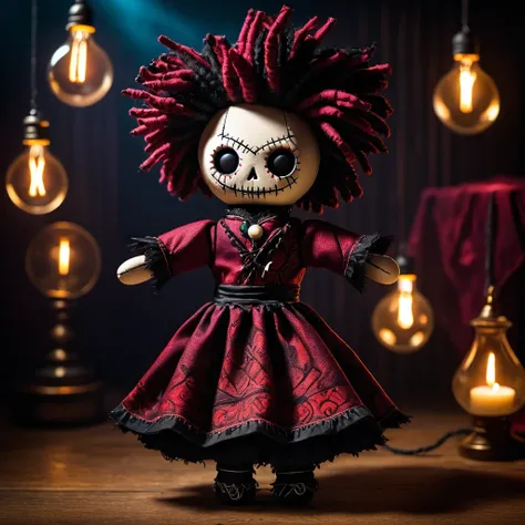 (knitted toy voodoo doll:1.7), (Voodoo Shadow Illusionist:1.3), (Clothing: mystical robes with shadow patterns, illusionists cape:1.0), (Accessories: enchanted cards, shadow puppet, illusion orb:1.2), (background: dark carnival with flickering lights, shad...