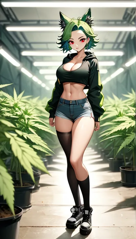   , Croped, , cleavage, slim waist, cropped hoodie underboob, cropped hoodieunderboobhoodie, 1girl, 2 wolf ears, wolf tail, marijuana crop hoodie, crop shorts, marijuana hoodie, spiky hair, spiky fur, green hair, red eyes,marijuana field, tight clothes, pe...