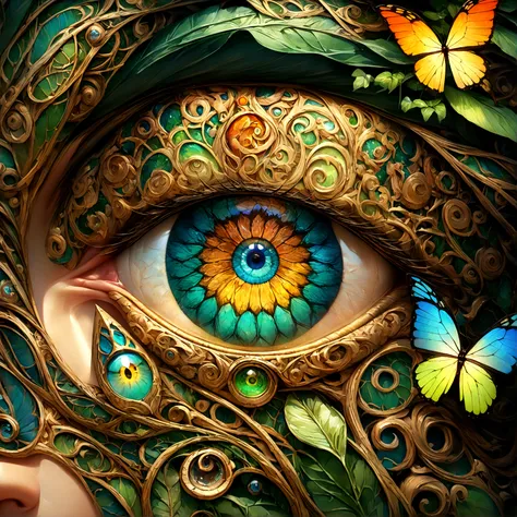 A highly detailed close-up of the eye of a nature god, with vibrant green and gold hues, surrounded by intricate patterns of leaves and vines. The eye reflects the beauty of nature, with tiny flowers and butterflies in the iris. Created Using: hyper-realis...