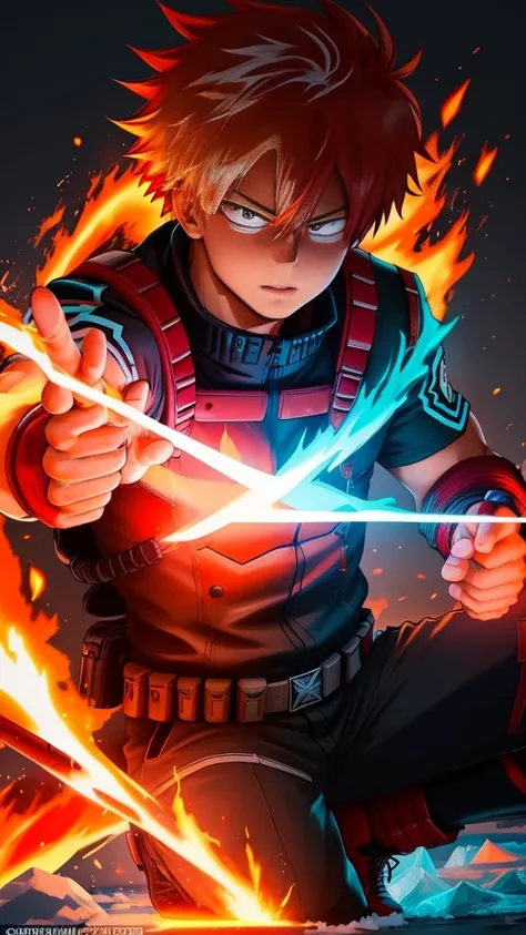 create a poster of shoto todoroki from the anime 'my hero academia'. the image should feature a neon glow effect. half of todoro...