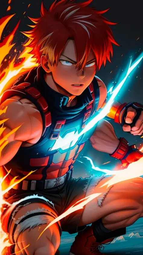 create a poster of shoto todoroki from the anime 'my hero academia'. the image should feature a neon glow effect. half of todoro...