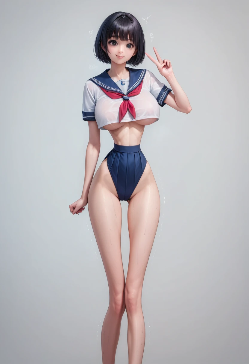 (masterpiece, best quality:1.2), realistic, High contrast, behind shot, 1girl, kawaii, (super big breasts, micro waist, very long legs:1.4), Black hair, short bob hair, short height, scrawny and thin body, Light Skin, cute big eyes, cute beautiful thin fac...