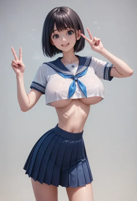 (masterpiece, best quality:1.2), realistic, High contrast, behind shot, 1girl, kawaii, (super big breasts, micro waist, very long legs:1.4), Black hair, short bob hair, short height, scrawny and thin body, Light Skin, cute big eyes, cute beautiful thin fac...