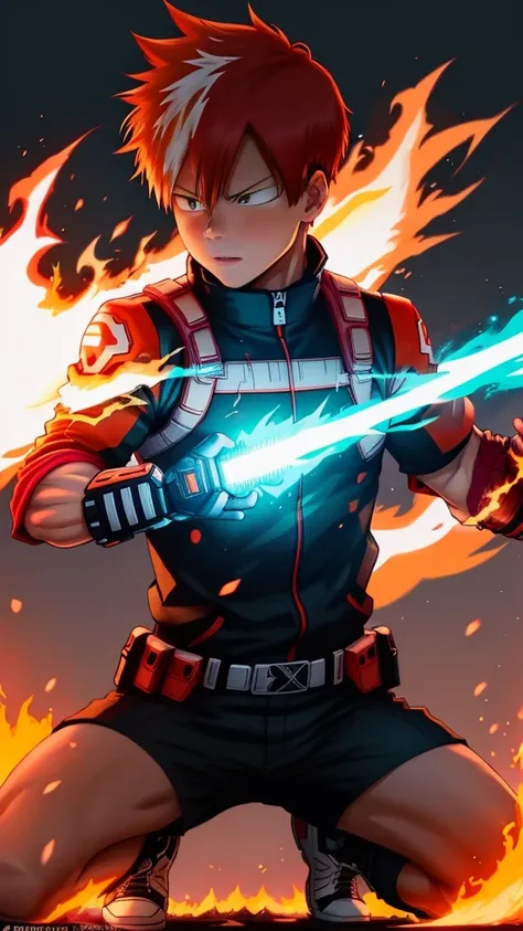 Create a poster of Shoto Todoroki from the anime My Hero Academia. The image should feature a neon glow effect. Half of Todorokis body should be engulfed in ice, while the other half is ablaze with fire. Make sure the ice side is cool with frosty blue and ...