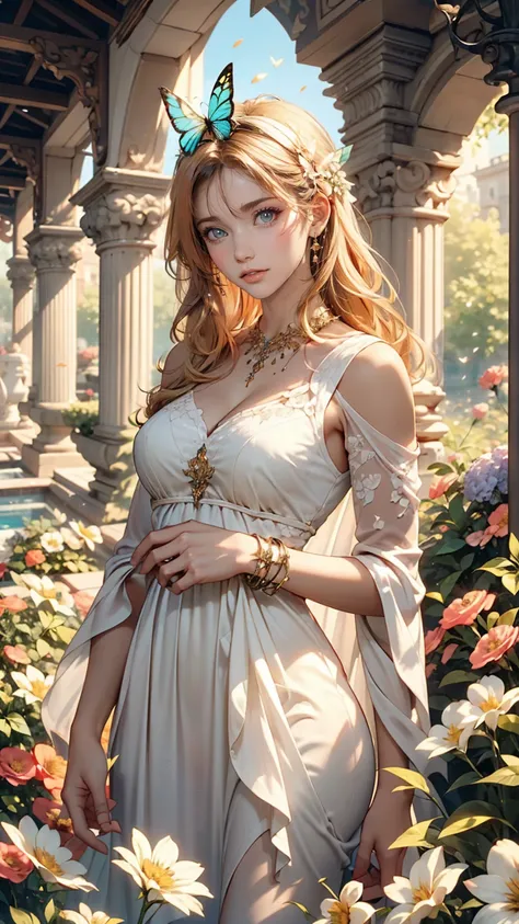 A girl with flowing golden hair and captivating blue eyes, Wearing an elegant white dress, Standing in the middle of a vibrant garden filled with blooming flowers and lush greenery. The sunlight gently illuminates her delicate face, Gives a soft glow to he...