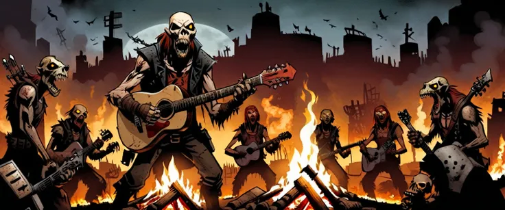 breathtaking graphic novel illustration of At a crossroads in a post-apocalyptic wasteland, a wanderer with a guitar made of scrap metal sings tales of the old world. Mutant creatures gather around the campfire, their eyes filled with longing.  concert