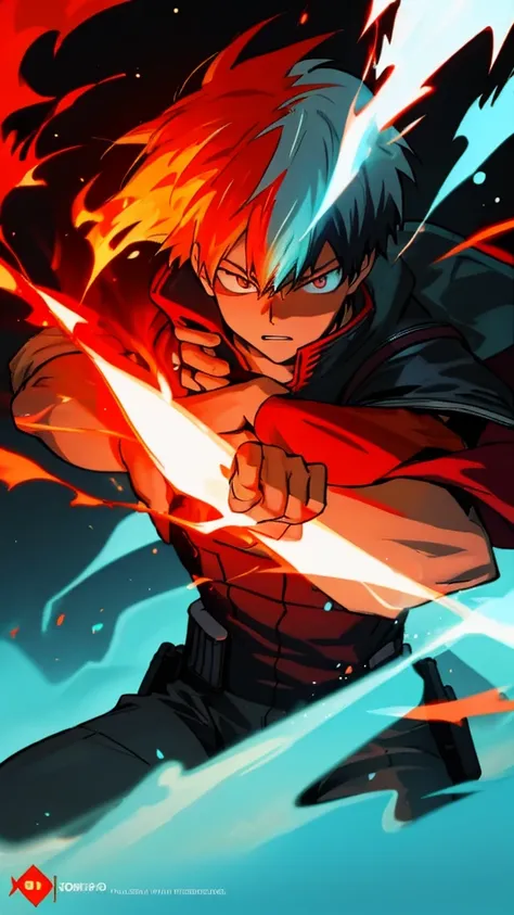 Create a poster of Shoto Todoroki from the anime My Hero Academia. The image should feature a neon glow effect. Half of Todorokis body should be engulfed in ice, while the other half is ablaze with fire. Make sure the ice side is cool with frosty blue and ...