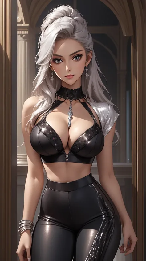 Best quality, masterpiece, realistic, Beautiful sexy cool tall, slim, fit woman, wearing fancy silver-white sequin cropped  top and black pants, intricate and highly detailed, cleavage, long silver hair, body chain, jewelry, perfect breasts, cleavage