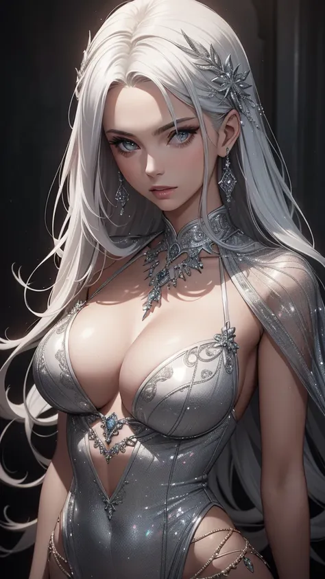 beautiful detailed woman, 1 woman, slim fit, tall, long silver hair, cleavage, wearing silver-white sequin top, body chain, jewelry, (best quality,4k,8k,highres,masterpiece:1.2),ultra-detailed,(realistic,photorealistic,photo-realistic:1.37),cinematic light...