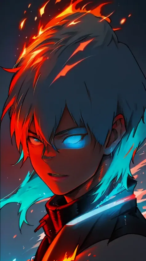 Shoto Todoroki,neon glow effect,half ice half fire,ice side with frosty blue and white,fire side with vibrant red and orange flames,dynamic pose,detailed background,complementary neon glow effects,masterpiece,best quality,8k,photorealistic,ultra-detailed,c...