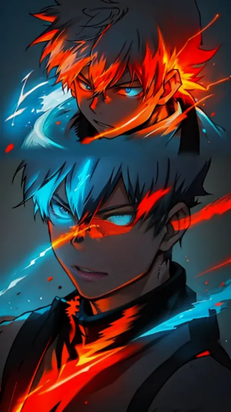 Shoto Todoroki,neon glow effect,half ice half fire,ice side with frosty blue and white,fire side with vibrant red and orange flames,dynamic pose,detailed background,complementary neon glow effects,masterpiece,best quality,8k,photorealistic,ultra-detailed,c...