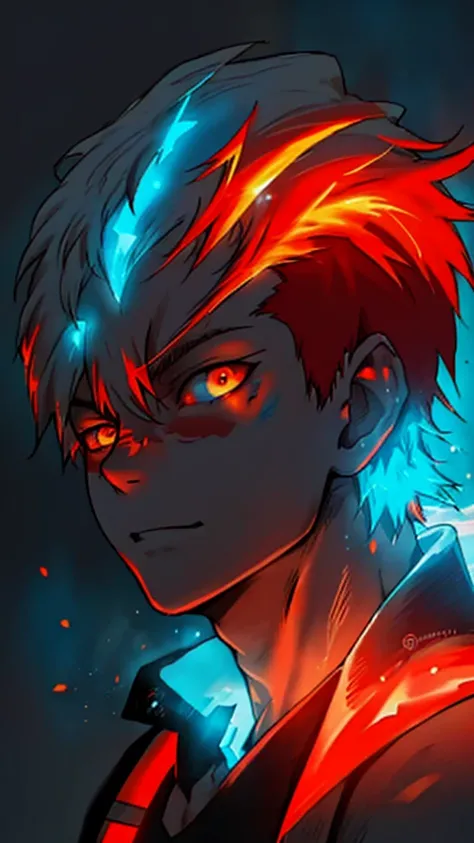 Shoto Todoroki,neon glow effect,half ice half fire,ice side with frosty blue and white,fire side with vibrant red and orange flames,dynamic pose,detailed background,complementary neon glow effects,masterpiece,best quality,8k,photorealistic,ultra-detailed,c...