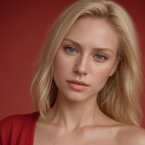 RAW photo, portrait of a beautiful blonde woman wearing a red shirt (high detailed skin:1.2), 8k uhd, dslr, soft lighting, high quality, film grain, Fujifilm XT3