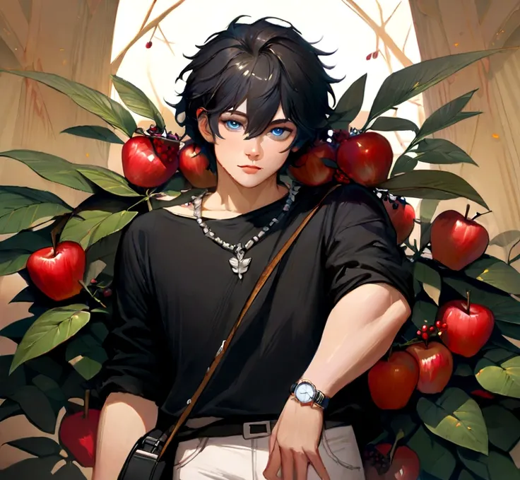 1boy, apple, bag, bangs, berry, black hair, black shirt, blue eyes, hair between eyes, jewelry, leaf, looking at viewer, male focus, necklace, pants, shirt, solo, watch, white pants, wristwatch, messy hair, trending on artstation, 8k resolution, highly det...