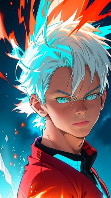 Shoto Todoroki,neon glow effect,half ice half fire,ice side with frosty blue and white,fire side with vibrant red and orange flames,dynamic pose,detailed background,complementary neon glow effects,masterpiece,best quality,8k,photorealistic,ultra-detailed,c...