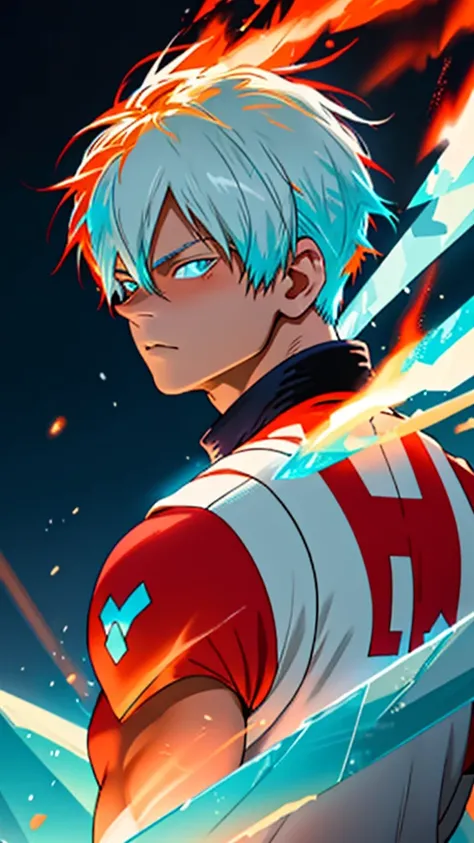 Shoto Todoroki,neon glow effect,half ice half fire,ice side with frosty blue and white,fire side with vibrant red and orange flames,dynamic pose,detailed background,complementary neon glow effects,masterpiece,best quality,8k,photorealistic,ultra-detailed,c...