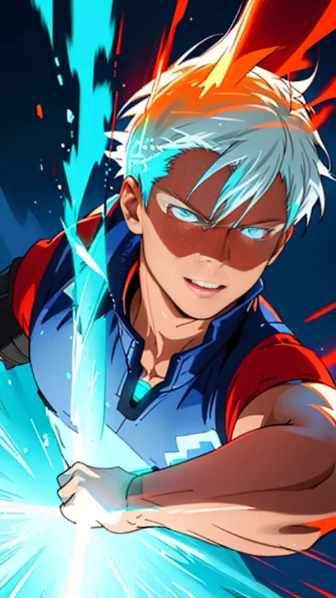 Shoto Todoroki,neon glow effect,half ice half fire,ice side with frosty blue and white,fire side with vibrant red and orange flames,dynamic pose,detailed background,complementary neon glow effects,masterpiece,best quality,8k,photorealistic,ultra-detailed,c...