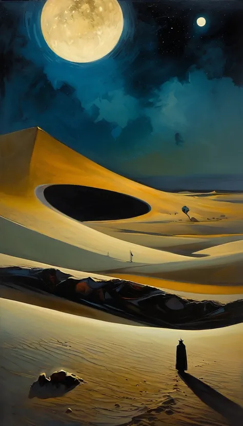 Magic, night, cintaminatef world, desert, moons, great landscape, dave mckean inspired, oil painted