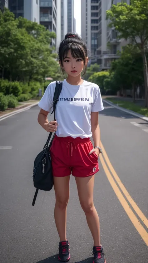 1 young girl, jyojifuku, white shirt, short sleeves, gym uniform, red shorts,