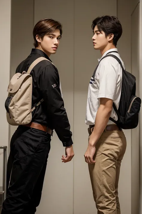 Draw a picture of two highschool student standing with their backs to each other but exchanging glances. The first guy has light brown hair, is 176 cm tall and wears a Korean-style high . The second guy has black hair, is 183 cm tall and wears the same uni...