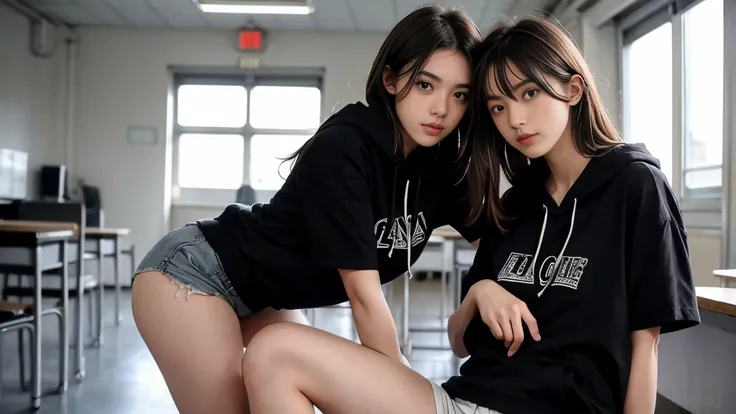 deux femmes ensemble de 18 ans sexy et mince , black short sleeve hoodie , salle de classe, se touche,position sey,sensuel