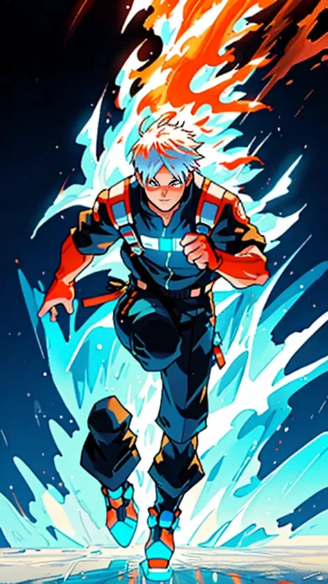 Shoto Todoroki,neon glow effect,half ice half fire,ice side with frosty blue and white,fire side with vibrant red and orange flames,dynamic pose,detailed background,complementary neon glow effects,masterpiece,best quality,8k,photorealistic,ultra-detailed,c...