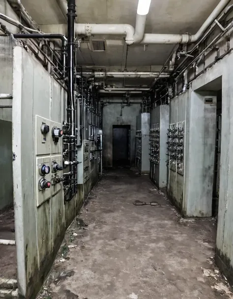 unsanitary room with electronic equipment such as circuit breakers, valves, of pipes, boiler rooms. there are prison bars and ba...